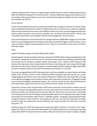 undang-undang tersebut. Putusan ini, bagaimanapun, adalah American Library terbalik pada bulan Juni
2003 oleh Mahkamah Agung AS di Amerika Serikat v. Asosiasi. Mahkamah Agung,dalam keputusan6-3,
menyatakan bahwa perpustakaan umum harus membeli penyaringan perangkat lunak dan mematuhi
semua bagian dari CIPA.15
Sensor Internet
Sensorinternetadalahkontrol ataupenekananpenerbitanataumengaksesinformasi di internet.Sensor
dapat mengambil banyak bentuk-seperti membatasi akses ke situs web tertentu, yang memungkinkan
akseske hanyabeberapakontenatauisi dimodifikasi tertentuSitusweb,menolakpenggunaankatakunci
tertentu dalam pencarian mesin pencari, pelacakan dan memantau aktivitas Internet individu, dan
melecehkan atau bahkan memenjarakan individu untuk penggunaan internet mereka.
Chinamemilikipopulasi online terbesardi dunia,denganlebihdari 538.000.000 Penggunainternet(lihat
Tabel 5-1,yangmenggambarkanlimanegarateratasdalamhaljumlah Penggunainternet).Namun,sensor
internet di China mungkin yang paling ketat di dunia. Tabel 5-2 memberikan contoh sensor internet di
beberapa negara.
Table
Gugatan Terhadap strategis Partisipasi Masyarakat (SLAPP)
Sebuah gugatan strategis terhadap partisipasi masyarakat (SLAPP) adalah strategi yang digunakan oleh
perusahaan, pejabat pemerintah, dan lain-lain terhadap warga negara dan kelompok masyarakat yang
menentang mereka mengenai masalah-masalah kepentingan umum. Sebuah SLAPP biasanya tidak
berdasar dan digunakan untuk mengintimidasi kritik karena takut biaya dan usaha yang terkait dengan
pertempuranhukumbesar. BanyakorangakanmempertanyakanetikadanlegalitasmenggunakanSLAPP;
lain akan mengklaim bahwa semua adil ketika datang ke politik dan isu-isu politik.
Tentusaja,penggugatdalamSLAPPtidakdapathadirsendiri ke pengadilanmengakui bahwaniatmereka
adalah untuk menyensor kritik mereka. Sebaliknya SLAPP mengambil beberapa bentuk lain, seperti
sebagai gugatan pencemaran nama baik yang membuat klaim dengan kata-kata yang tidak jelas yang
memungkinkanpenggugatuntuk membuattuduhanpalsutanpatakutsumpahpalsu.Penggugatmenolak
untuk mempertimbangkan penyelesaian apapun dan memulai seolah tak ada habisnya banding dan
penundaan dalam upaya untuk menyeret sesuai keluar dan lari sampai costs.22 hukum
Setiap tahun ribuan orang menjadi korban SLAPP karena partisipasi mereka dalam tindakan yang sah
seperti menelepon seorang pejabat publik, menulissurat kepada editor sebuah koran, berbicara pada
pertemuan publik, atau beredar petition.23 suatu Misalnya, New Jersey man baru-baru ini berbicara
menentang proposal untuk membangun sebuah kompleks apartemen di lingkungan dan segera setelah
menemukan dirinya terdakwa dalam fitnah $ 2.500.000 gugatan. Penggugat, pengembang kompleks,
mengklaim bahwa ia telah menderita "Aib, penghinaan dan rasa malu seluruh masyarakat, kerusakan
permanen pada nya penderitaan mental profesional dan reputasi pribadi, dan berat dan emosional
kesusahan. "24
Undang-undang anti-SLAPP dirancang untuk mengurangi SLAPPs sembrono. Dua puluh enam negara
bagian dan District of Columbia telah diberlakukan anti-SLAPP legislatif untuk melindungi orang-orang
yang korban SLAPP.25 sebuah Sementara undang-undang ini bervariasi dari negara ke negara, sebagian
 