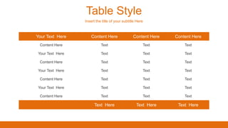 Table Style
Insert the title of your subtitle Here
Your Text Here Content Here Content Here Content Here
Content Here Text Text Text
Your Text Here Text Text Text
Content Here Text Text Text
Your Text Here Text Text Text
Content Here Text Text Text
Your Text Here Text Text Text
Content Here Text Text Text
Text Here Text Here Text Here
 