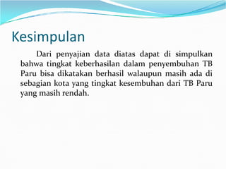 Kesimpulan
Dari penyajian data diatas dapat di simpulkan
bahwa tingkat keberhasilan dalam penyembuhan TB
Paru bisa dikatakan berhasil walaupun masih ada di
sebagian kota yang tingkat kesembuhan dari TB Parusebagian kota yang tingkat kesembuhan dari TB Paru
yang masih rendah.
 