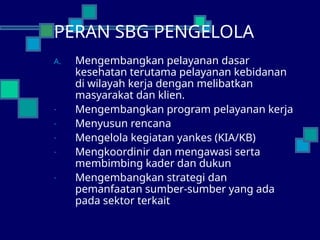 PERAN SBG PENGELOLA
A. Mengembangkan pelayanan dasar
kesehatan terutama pelayanan kebidanan
di wilayah kerja dengan melibatkan
masyarakat dan klien.
- Mengembangkan program pelayanan kerja
- Menyusun rencana
- Mengelola kegiatan yankes (KIA/KB)
- Mengkoordinir dan mengawasi serta
membimbing kader dan dukun
- Mengembangkan strategi dan
pemanfaatan sumber-sumber yang ada
pada sektor terkait
 