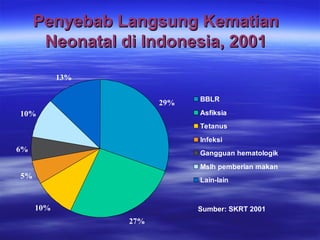 Penyebab Langsung Kematian
Penyebab Langsung Kematian
Neonatal di Indonesia, 2001
Neonatal di Indonesia, 2001
29%
27%
10%
5%
6%
10%
13%
BBLR
Asfiksia
Tetanus
Infeksi
Gangguan hematologik
Mslh pemberian makan
Lain-lain
Sumber: SKRT 2001
 