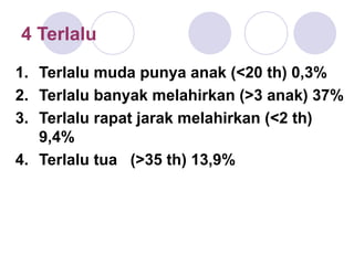4 Terlalu
1. Terlalu muda punya anak (<20 th) 0,3%
2. Terlalu banyak melahirkan (>3 anak) 37%
3. Terlalu rapat jarak melahirkan (<2 th)
9,4%
4. Terlalu tua (>35 th) 13,9%
 