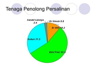 Tenaga Penolong Persalinan
Dr Umum 0.8
Sanak/ Lainnya
2.4
Dr Ahli 10.2
Dukun 31.5
Bdn/ Prwt 55.3
5 Years proceding survey
 