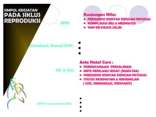 SIMPUL KEGIATAN
PADA SIKLUS
REPRODUKSI
PUS
PASANGAN USIA SUBUR
(CPR & Unmeet Need KB)
KEHAMILAN
(K1 & K4)
PERSALINAN
(Linakes& Kompl O/N)
NIFAS
(KN)
Pre Pregnancy Package :
• STATUS KESEHATAN
• PENYAKIT YANG DIDERITA
• PERILAKU REPRODUKSI SEHAT (KB)
• PERSIAPAN KEHAMILAN
Ante Natal Care :
• PERENCANAAN PERSALINAN
• INFO PERILAKU SEHAT (BUKU KIA)
• FREKUENSI KONTAK DENGAN PETUGAS
• STATUS KESEHATAN & KEHAMILAN
( GIZI, IMMUNISASI, PENYAKIT)
Pertolongan Persalinan:
• KOMPETENSI (Tenaga & Sarana)
• KOMPLIKASI (Notifikasi-Siaga)
• SISTEM RUJUKAN (PONED-PONEK)
Kunjungan Nifas
• FREKUENSI KONTAK DENGAN PETUGAS
• KOMPLIKASI IBU & NEONATUS
• YAN KB PASCA SALIN
 