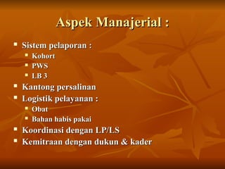 Aspek Manajerial :
Aspek Manajerial :
 Sistem pelaporan :
Sistem pelaporan :
 Kohort
Kohort
 PWS
PWS
 LB 3
LB 3
 Kantong persalinan
Kantong persalinan
 Logistik pelayanan :
Logistik pelayanan :
 Obat
Obat
 Bahan habis pakai
Bahan habis pakai
 Koordinasi dengan LP/LS
Koordinasi dengan LP/LS
 Kemitraan dengan dukun & kader
Kemitraan dengan dukun & kader
 