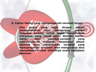 6. Faktor-faktor yang mempengaruhi variabel target
     Jika   target   yang   ingin   dicapai adalah
     mengendalikan     atau    mengurangi   jumlah
     investasi swasta, untuk dapat merumuskan
     kebijakan yang cocok perlu diamati faktor-
     faktor     atau      variabel-variabel   yang
     mempengaruhi investasi. Kesalahan dalam
     memilih atau menentukan variabel yang
     mempengaruhi investasi akan mengurangi atau
     menyebabkan tidak efektifnya suatu kebijakan
     ekonomi.
 