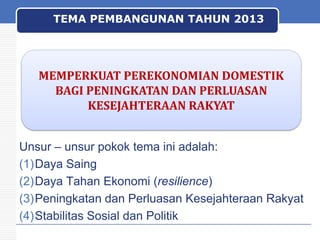 TEMA PEMBANGUNAN TAHUN 2013

MEMPERKUAT PEREKONOMIAN DOMESTIK
BAGI PENINGKATAN DAN PERLUASAN
KESEJAHTERAAN RAKYAT
Unsur – unsur pokok tema ini adalah:
(1)Daya Saing
(2)Daya Tahan Ekonomi (resilience)
(3)Peningkatan dan Perluasan Kesejahteraan Rakyat
(4)Stabilitas Sosial dan Politik

 