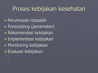 Proses kebijakan kesehatan
►Perumusan masalah
►Forecasting (peramalan)
►Rekomendasi kebijakan
►Implementasi kebijakan
►Monitoring kebijakan
►Evaluasi kebijakan
 