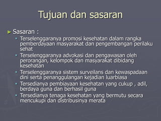 Tujuan dan sasaran
► Sasaran :
 Terselenggaranya promosi kesehatan dalam rangka
pemberdayaan masyarakat dan pengembangan perilaku
sehat
 Terselenggaranya advokasi dan pengawasan oleh
perorangan, kelompok dan masyarakat dibidang
kesehatan
 Terselenggaranya sistem surveilans dan kewaspadaan
dini serta penanggulangan kejadian luarbiasa
 Tersedianya pembiayaan kesehatan yang cukup , adil,
berdaya guna dan berhasil guna
 Tersedianya tenaga kesehatan yang bermutu secara
mencukupi dan distribusinya merata
 