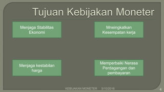 5/10/2016KEBIJAKAN MONETER 4
Menjaga Stabilitas
Ekonomi
Memperbaiki Nerasa
Perdagangan dan
pembayaran
Menjaga kestabilan
harga
Mneingkatkan
Kesempatan kerja
 