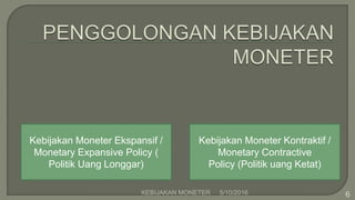 5/10/2016KEBIJAKAN MONETER 6
Kebijakan Moneter Ekspansif /
Monetary Expansive Policy (
Politik Uang Longgar)
Kebijakan Moneter Kontraktif /
Monetary Contractive
Policy (Politik uang Ketat)
 