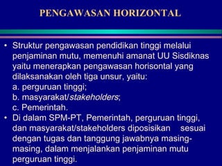 PENGAWASAN HORIZONTAL
• Struktur pengawasan pendidikan tinggi melalui
penjaminan mutu, memenuhi amanat UU Sisdiknas
yaitu menerapkan pengawasan horisontal yang
dilaksanakan oleh tiga unsur, yaitu:
a. perguruan tinggi;
b. masyarakat/stakeholders;
c. Pemerintah.
• Di dalam SPM-PT, Pemerintah, perguruan tinggi,
dan masyarakat/stakeholders diposisikan sesuai
dengan tugas dan tanggung jawabnya masing-
masing, dalam menjalankan penjaminan mutu
perguruan tinggi.
 