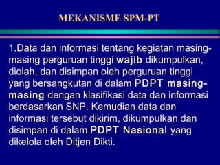 MEKANISME SPM-PT
1.Data dan informasi tentang kegiatan masing-
masing perguruan tinggi wajib dikumpulkan,
diolah, dan disimpan oleh perguruan tinggi
yang bersangkutan di dalam PDPT masing-
masing dengan klasifikasi data dan informasi
berdasarkan SNP. Kemudian data dan
informasi tersebut dikirim, dikumpulkan dan
disimpan di dalam PDPT Nasional yang
dikelola oleh Ditjen Dikti.
 