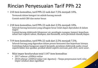 Rincian Penyesuaian Tarif PPh 22
• 210 item komoditas, tarif PPh 22 naik dari 7,5% menjadi 10%.
Termasuk dalam kategori ini adalah barang mewah
Contoh mobil CBU dan motor besar.
• 218 item komoditas, tarif PPh 22 naik dari 2,5% menjadi 10%.
Seluruh barang konsumsi yang sebagian besar telah dapat diproduksi di dalam
negeri
Contoh barang elektronik (dispenser air, pendingin ruangan, lampu), keperluan
sehari hari seperti sabun, shampoo, dan kosmetik, serta peralatan masak/dapur.
• 719 item komoditas, tarif PPh 22 naik dari 2,5% menjadi 7,5%.
Seluruh barang yang digunakan dalam proses konsumsi dan keperluan lainnya.
Contohnya bahan bangunan seperti keramik, peralatan elektronik audio-visual
seperti kabel, box speaker, produk tekstil seperti overcoat, polo shirt, swim wear.
• Nilai impor keseluruhan total 1147 item komoditas
• 2017 sebesar +USD6,6 miliar
• 2018 sebesar +USD5,0 miliar (sd. Agustus) – Tanpa penyesuaian tarif, nilai
impor setahun akan signifikan
6
 
