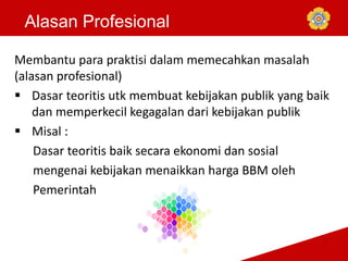 Alasan Profesional
Membantu para praktisi dalam memecahkan masalah
(alasan profesional)
 Dasar teoritis utk membuat kebijakan publik yang baik
dan memperkecil kegagalan dari kebijakan publik
 Misal :
Dasar teoritis baik secara ekonomi dan sosial
mengenai kebijakan menaikkan harga BBM oleh
Pemerintah
 