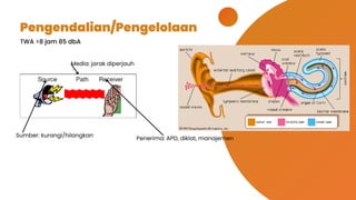 TWA >8 jam 85 dbA
Pengendalian/Pengelolaan
Sumber: kurangi/hilangkan
Media: jarak diperjauh
Penerima: APD, diklat, manajemen
 
