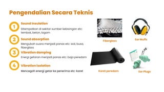 Pengendalian Secara Teknis
Ditempatkan di sekitar sumber kebisingan etc:
tembok, beton, logam
Mengubah suara menjadi panas etc: wol, busa,
fiberglass
Energi getaran menjadi panas etc: baja peredam
Mencegah energi getar ke penerima etc: karet
Sound Insulation
Sound absorption
Vibration damping
Vibration isolation
Ear Muffs
Ear Plugs
Fiberglass
Karet peredam
 