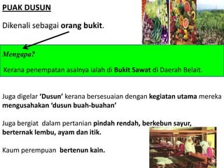 PUAK DUSUN

Dikenali sebagai orang bukit.


Mengapa?

Kerana penempatan asalnya ialah di Bukit Sawat di Daerah Belait.


Juga digelar ‘Dusun’ kerana bersesuaian dengan kegiatan utama mereka
mengusahakan ‘dusun buah-buahan’

Juga bergiat dalam pertanian pindah rendah, berkebun sayur,
berternak lembu, ayam dan itik.

Kaum perempuan bertenun kain.
 