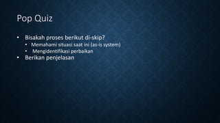 Pop Quiz
• Bisakah proses berikut di-skip?
• Memahami situasi saat ini (as-is system)
• Mengidentifikasi perbaikan
• Berikan penjelasan
 