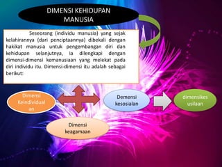 Dimensi
Keindividual
an
Seseorang (individu manusia) yang sejak
kelahirannya (dari penciptaannya) dibekali dengan
hakikat manusia untuk pengembangan diri dan
kehidupan selanjutnya, ia dilengkapi dengan
dimensi-dimensi kemanusiaan yang melekat pada
diri individu itu. Dimensi-dimensi itu adalah sebagai
berikut:
DIMENSI KEHIDUPAN
MANUSIA
Demensi
kesosialan
dimensikes
usilaan
Dimensi
keagamaan
 