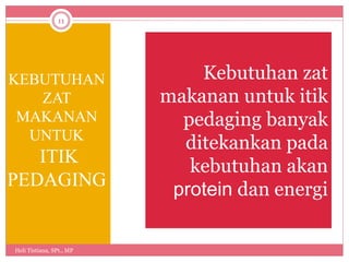 KEBUTUHAN
ZAT
MAKANAN
UNTUK
ITIK
PEDAGING
Kebutuhan zat
makanan untuk itik
pedaging banyak
ditekankan pada
kebutuhan akan
protein dan energi
11
Heli Tistiana, SPt., MP
 