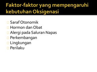 Saraf Otonomik 
Hormon dan Obat 
Alergi pada Saluran Napas 
Perkembangan 
Lingkungan 
Perilaku 
 