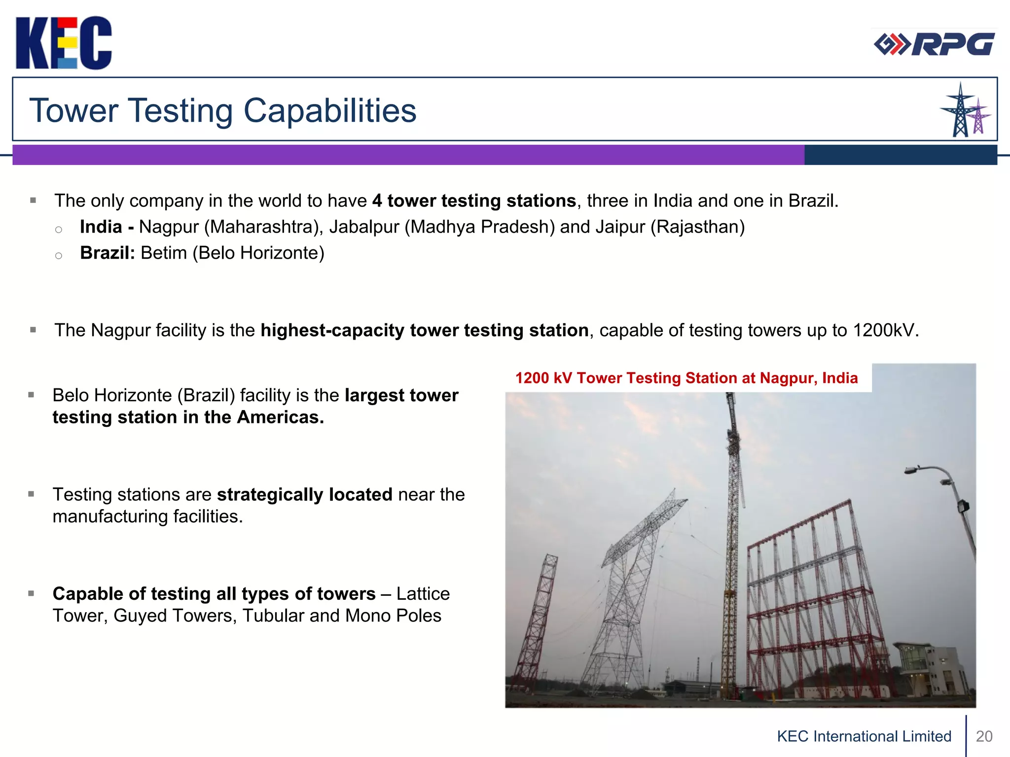 Tower Testing Capabilities

 The only company in the world to have 4 tower testing stations, three in India and one in Brazil.
  o India - Nagpur (Maharashtra), Jabalpur (Madhya Pradesh) and Jaipur (Rajasthan)
  o Brazil: Betim (Belo Horizonte)




 The Nagpur facility is the highest-capacity tower testing station, capable of testing towers up to 1200kV.

                                                           1200 kV Tower Testing Station at Nagpur, India
 Belo Horizonte (Brazil) facility is the largest tower
  testing station in the Americas.



 Testing stations are strategically located near the
  manufacturing facilities.



 Capable of testing all types of towers – Lattice
  Tower, Guyed Towers, Tubular and Mono Poles




                                                                                              KEC International Limited   20
 