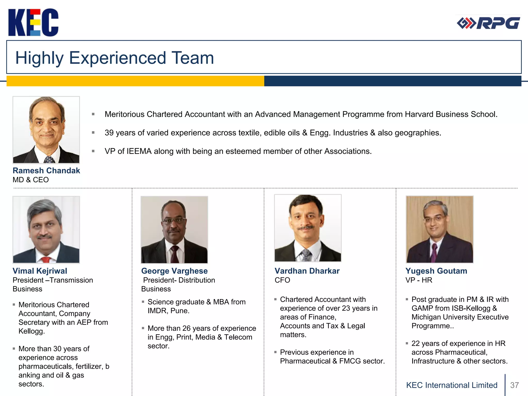 Highly Experienced Team


                             Meritorious Chartered Accountant with an Advanced Management Programme from Harvard Business School.

                             39 years of varied experience across textile, edible oils & Engg. Industries & also geographies.

                             VP of IEEMA along with being an esteemed member of other Associations.

Ramesh Chandak
MD & CEO




Vimal Kejriwal                          George Varghese                       Vardhan Dharkar                      Yugesh Goutam
President –Transmission                 President- Distribution               CFO                                  VP - HR
Business                                Business
                                         Science graduate & MBA from          Chartered Accountant with           Post graduate in PM & IR with
 Meritorious Chartered                                                         experience of over 23 years in       GAMP from ISB-Kellogg &
  Accountant, Company                     IMDR, Pune.
                                                                                areas of Finance,                    Michigan University Executive
  Secretary with an AEP from                                                    Accounts and Tax & Legal             Programme..
  Kellogg.                               More than 26 years of experience
                                          in Engg, Print, Media & Telecom       matters.
                                          sector.                                                                   22 years of experience in HR
 More than 30 years of                                                        Previous experience in               across Pharmaceutical,
  experience across                                                             Pharmaceutical & FMCG sector.        Infrastructure & other sectors.
  pharmaceuticals, fertilizer, b
  anking and oil & gas
  sectors.                                                                                                         KEC International Limited           37
 