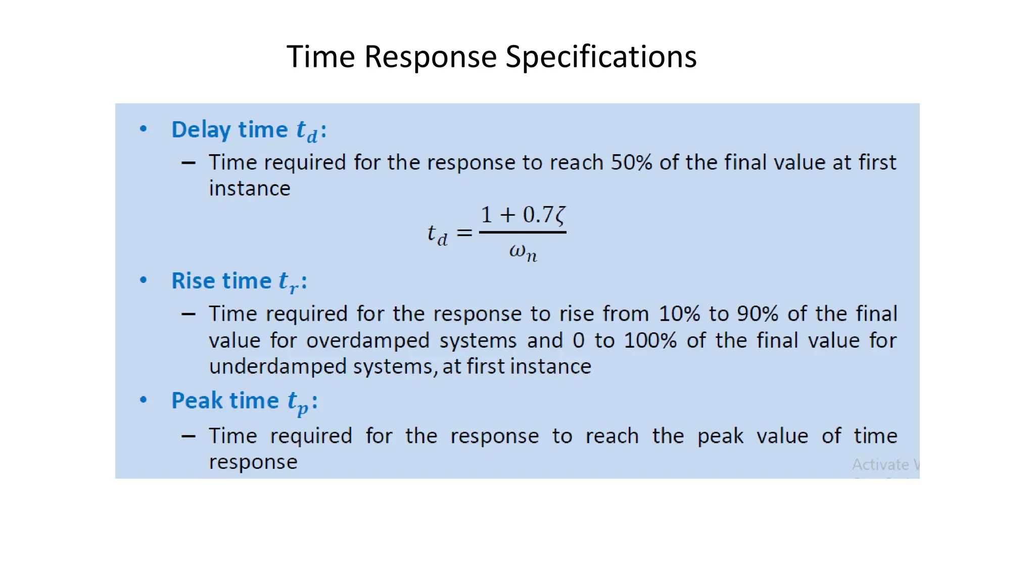 Time Response Specifications
 