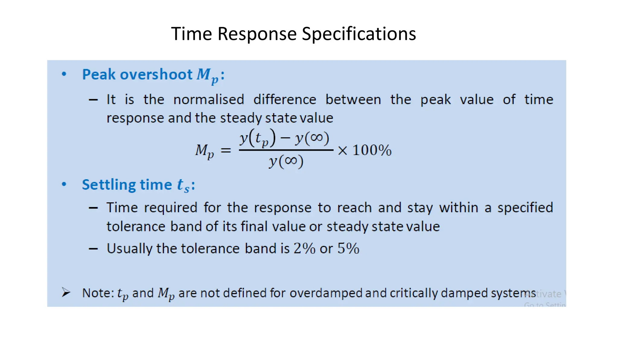 Time Response Specifications
 