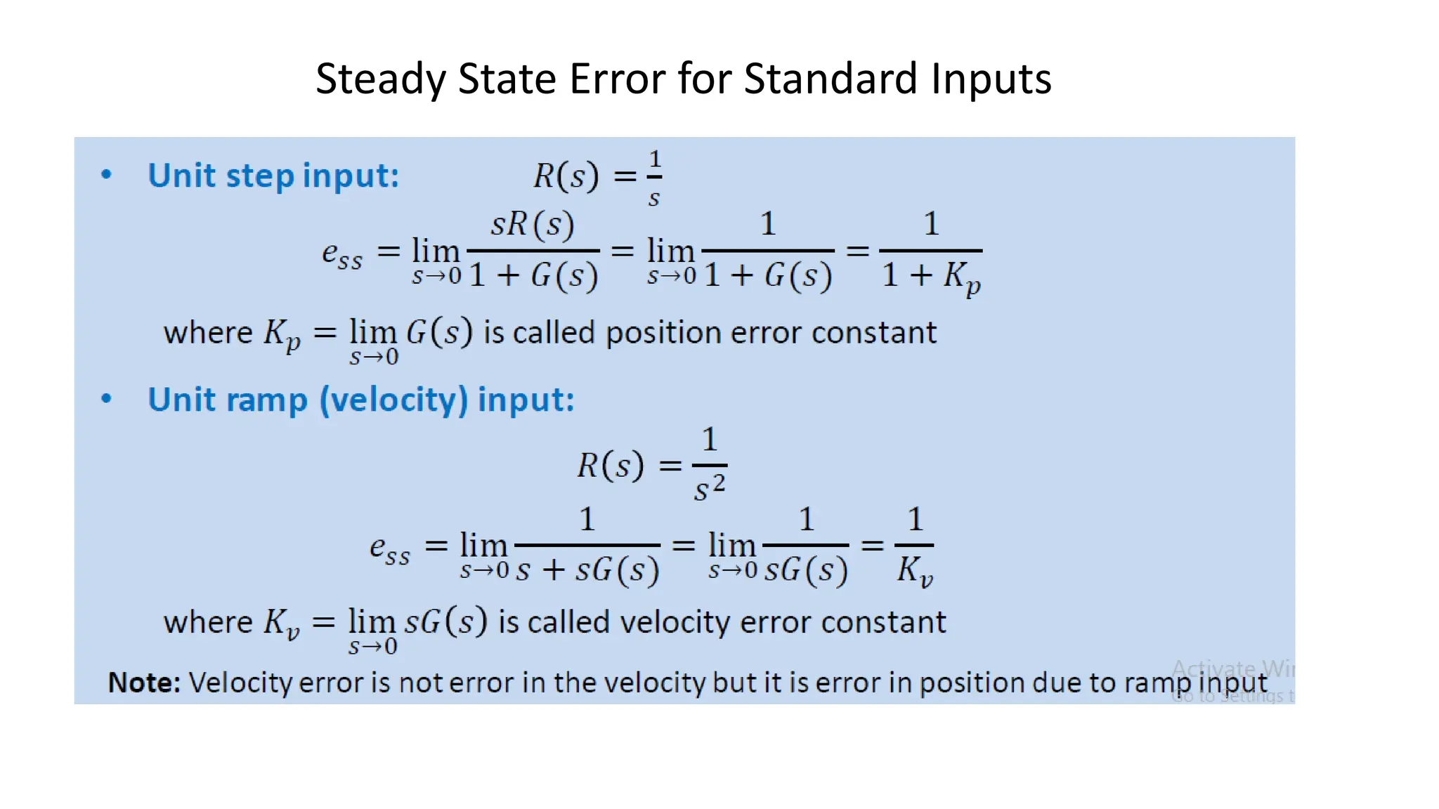 Steady State Error for Standard Inputs
 