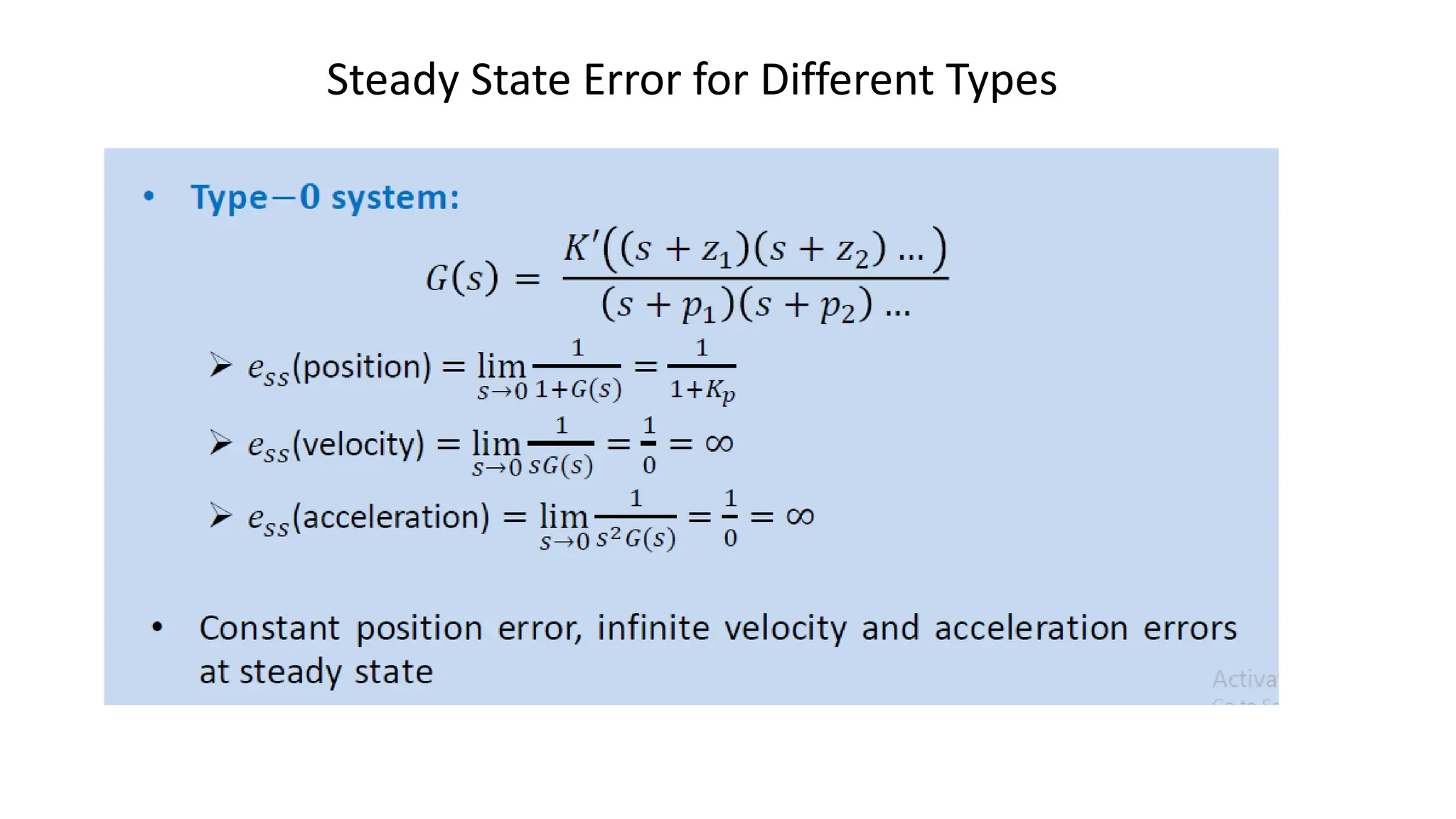 Steady State Error for Different Types
 