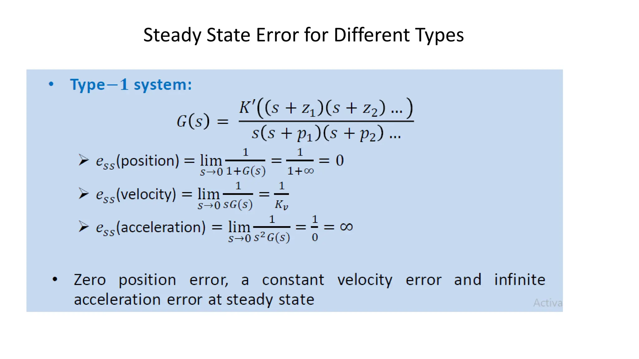 Steady State Error for Different Types
 