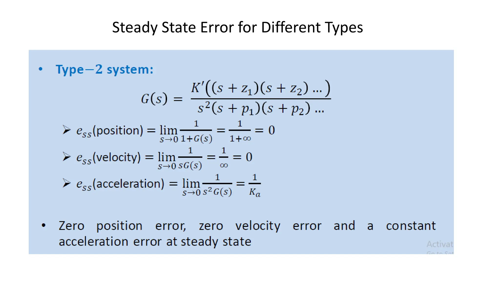 Steady State Error for Different Types
 