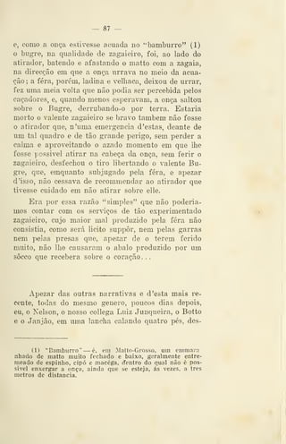 __ 87 —
e, como a onça estivesse acuada no "bamburro" (1)
o bugre, na qualidade de zagaieiro, foi, ao lado do
atirador, batendo e afastando o matto com a zagaia,
na direcção em que a onça urrava no meio da acua-
ção ; a fera, porém, ladina e velhaca, deixou de urrar,
fez uma meia volta que não podia ser percebida pelos
caçadores, e, quando menos esperavam, a onça saltou
sobre o Bugre, derrubando-o por terra. Estaria
morto o valente zagaieiro se bravo também não fosse
o atirador que, n'uma emergência d 'estas, deante de
um tal quadro e de tão grande perigo, sem perder a
calma e aproveitando o azado momento em que lhe
fosse possivel atirar na cabeça da onça, sem ferir o
zagaieiro, desfechou o tiro libertando o valente Bu-
gre, que, emquanto subjugado pela fera, e apezar
d 'isso, não cessava de recommendar ao atirador que
tivesse cuidado em não atirar sobre elle.
Era por essa razão "simples" que não podería-
mos contar com os serviços de tão experimentado
zagaieiro, cujo maior mal produzido pela fera não
consistia, como será licito suppôr, nem pelas garras
nem pelas presas que, apezar de o terem ferido
muito, não lhe causaram o abalo produzido por um
sôcco que recebera sobre o coração . .
Apezar das outras narrativas e d 'esta mais re-
cente, todas do mesmo género, poucos dias depois,
eu, o Nelson, o nosso collega Luiz Junqueira, o Botto
e o Janjão, em uma lancha calando quatro pés, des-
(1) "Bamburro" — é, em Matto-Grosso, um emmara
nhado de matto muito fechado e baixo, geralmente entre-
meado de espinho, cipó e macéga, dentro do qual não é pos-
sivel enxergar a onça, ainda que se esteja, ás vezes, a três
metros de distancia.
 