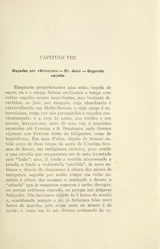 CAPITULO Ylll
Caçadas em «Urucúm» — Sr. Jenú — Segunda
caçada.
Emquanto projectávamos uma outra caçada de
onças, eu e o amigo Nelson eucliiamos o tempo com
outras caçadas menos importantes, mas bastante di-
vertidas; os jáos, ]'30r exemplo, cuja abundância é
extraordinária em Matto-Grosso, e cuja carne é sa-
borosisima, eram por nós perseguidos e caçados con-
stantemente; e a caça ás antas, aos veados e aos
porcos, levaram-nos, mais de uma vez, a pequenas
excursões até Urucúm e S. Domingos, onde fizemos
algumas que tiveram tanto de fatigantes, como de
improfícuas. Em uma d'ellas, depois de termos su-
bido cerca de dous terços da serra de Urucúm, tive-
mos de descer, em vertiginosa carreira, para acudir
a uma corrida que suppuzemos ser de anta levantada
pelo *'Leão"; mas, já tendo a corrida atravessado a
picada, e tendo a cachorrada "perdido", de novo su-
bimos e, depois de chegarmos á altura das minas de
manganez, seguido por muito tempo um velho ca-
minho á altura das mesmas e começado a descer, o
"caboclo" que ia comnosco começou a andar devagar,
ou porque estivesse cansado, ou porque nos julgasse
fatigados. Nós haviamos sabido ás 5 horas da manhã
e, caminhando sempre a pé, já tinhamos boas nove
horas de marcha, pois eram mais ou menos 2 da
tarde; e, como um de nós tivesse reclamado do ca-
 