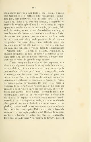 — 103 —
quinhentos metros e ahi feito o seu festim; o rasto
que trilhámos e a carniça, que encontrámos conta-
ram-nos, sem palavras, essa historia; depois, a ma-
céga alta, mais alta que um homem, apagando os
traços da continuação d 'essa historia, como as vagas
apagam a esteira do navio, ter-nos-ia, por certo, dei-
xado ás tontas, se entre nós não existisse um bugre;
esse homem de bronze acobreado, musculoso e forte,
afastou-se um pouco procurando a macéga mais
baixa, e, em meio da grande planicie, de pé, zagaia
em punho, com sagacidade e um instincto quasi so-
brehumanos, investigou, não sei se com o olhar, não
sei com que sentido, e voltou dizendo singelamente
—"cruzou alli" — e apontou adeante. Andámos, e,
quando chegámos ao local indicado, afastando a ma-
céga mais alta que as nossas cabeças, o bugre mos-
trou-nos o rasto da grande onça macho!
N'essa campina ha vários capões esparsos, e a
elles nos dirigimos á busca da fera; mais de uma vez,
ao abordal-os, o fizemos com a máxima cautela, pois
que, sendo orlado de cipoal denso e macéga alta, nada
se enxerga ao atravessar esse "bamburro" para pe-
netrar no capão; e é justamente ahi que as onças,
manhosas e atiladas, se escondem e fazem, ás vezes,
surpresas pouco agradáveis. De uma feita, como a
cachorrada mestra viesse "dando rasto" no meio da
macéga e se dirigisse para um dos capões, eu e o ca-
çador das garças (José Bastos), correndo mais, nos
adeantámos sobre os outros caçadores e chegámos
sós á orla do capão; e a cachorrada mestra, conti-
nuando a latir, arrepiou-se toda, e assim os demais
cães que alli estavam, latindo muito, e mesmo arre-
piados, tiveram medo e recusaram-se a varar o bam-
burro e entrar no capão. Estávamos sós, entreolhá-
mo-nos e, eu de espingarda e José Bastos de zagaia,
varámos o bamburro antes dos cães . . . Realmente,
foi o que se pode dizer "por honra da firma", pois eu
 