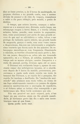 — 105 —
dias se fosse preciso, e, ás 2 horas da madrugada, na
pequena chalana e na grande canoa, com a mesma
divisão de pessoal e de cães da véspera, começámos
a subir o rio para attingir, pela manhã, o ponto de
destino.
O tempo, que estava incerto, começou a enfar-
ruscar-se e a ameaçar-nos ; distante, muito longe, um
relâmpago rasgou a treva densa, e o trovão reboou
soturno, baixo, pesado; essa musica ia augmentar,
mas, como passássemos por perto de uma grande ar-
vore de que mal se adivinhava o vulto, talvez ci>mo
prologo da bulhenta opera celeste, um grande bando
de magoaris, garças e socos, com suas vozes roucas
e desgraciosas, deu-nos um interessante e originalis-
simo concerto que durou mais de dez minutos. Os re-
lâmpagos succediam-se com frequência illuminando
o caminho, os trovões ribombavam mais perto e, den-
tro em pouco, despejava-se sobre nós um tremendo
aguaceiro; eu e o Nelson, já sabidos, zombámos do
tempo sob os nossos abrigos; mestre Junqueira e o
resto do pessoal, porém, tiveram agua até os ossos.
O Bananal era realmente longe e, apezar do con-
stante remar dos infatigáveis homene, só o abordá-
mos depois de 9 horas da manhã; pressurosos, per-
corremos o capão onde ainda existia um resto de
bananal dos Terenos, e, se rápida foi a pesquisa, tão
rápida foi também a desillusão. Do "macharrão mal-
creado" não achámos nem rasto velho; as cinzas de
um fogo relativamente recente e as pennas de alguns
pássaros mostravam-nos a passagem de caçadores,
e só faltava saber se teriam elles conseguido o que
tentávamos nós. Mais tarde soubemos que sim.
Não era possível ser mais caipora, pois, n'um
lugar em que existem onças em tão grande quanti-
dade, já havíamos gasto um dia e meio sem encon-
trarmos uma só que fosse.
Quem porfia mata caça.
 