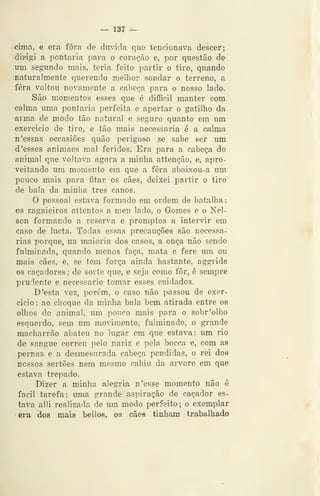 ~ 137 —
cima, e era fora de duvida que tencionava descer;
dirigi a pontaria para o coração e, por questão de
um segundo mais, teria feito partir o tiro, quando
naturalmente querendo melhor sondar o terreno, a
fera voltou novamente a cabeça para o nosso lado.
São momentos esses que é difiScil manter com
calma uma pontaria perfeita e apertar o gatilho da
arma de modo tão natural e seguro quanto em um
exercido de tiro, e tão mais necessária é a calma
n 'essas occasiões quão perigoso se sabe ser um
d'esses animaes mal feridos. Era para a cabeça do
animal que voltava agora a minha attenção, e, apro-
veitando um momento em que a fera abaixou-a um
pouco mais para fitar os cães, deixei partir o tiro
de bala da minha três canos.
O pessoal estava formado em ordem de batalha:
os zagaieiros attentos a meu lado, o Gomes e o Nel-
son formando a reserva e promptos a intervir em
caso de lucta. Todas essas precauções são necessá-
rias porque, na maioria dos casos, a onça não sendo
fulminada, quando menos faça, mata e fere um ou
mais cães, e, se tem força ainda bastante, aggride
os caçadores; de sorte que, e seja como for, é sempre
prudente e necessário tomar esses cuidados.
D 'esta vez, porém, o caso não ]:>assou de exer-
cicio: ao choque da minha bala bem atirada entre oa
olhos do animal, um pouco mais para o sobr'olho
esquerdo, sem um movimento, fulminado, o grande
macharrão abateu no lugar em que estava: um rio
de sangue correu pelo nariz e pela bocca e, com as
pernas e a desmesurada cabeça pendidas, o rei dos
nossos sertões nem mesmo cahiu da arvore em que
estava trepado.
Dizer a minha alegria n'esse momento não é
fácil tarefa; uma grande aspiração de caçador es-
tava alli realizada de um modo períeito; o exemplar
-
era dos mais belloe, os cães tinham trabalhado
 