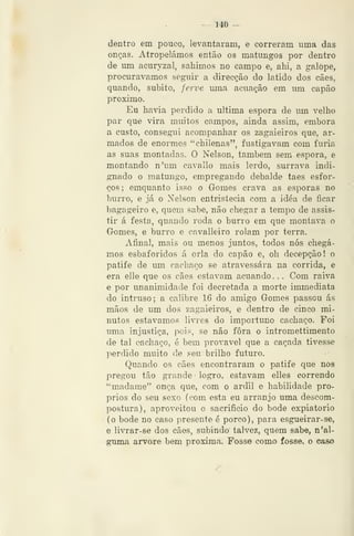 — 140 ^
dentro em pouco, levantaram, e correram uma das
onças. Atropelámos então os matungos por dentro
de um acuryzal, sahimos no campo e, ahi, a galope,
procurávamos seguir a direcção do latido dos cães,
quando, súbito, ferve uma acuação em um capão
próximo.
Eu havia perdido a ultima espora de um velho
par que vira muitos campos, ainda assim, embora
a custo, consegui acompanhar os zagaieiros que, ar-
mados de enormes "chilenas", fustigavam com fúria
as suas montadas. O Nelson, também sem espora, e
montando n'um cavallo mais lerdo, surrava indi-
gnado o matungo, em^pregando debalde taes esfor-
ços; emquanto isso o Gomes crava as esporas no
burro, e já o Nelson entristecia com a idéa de ficar
bagageiro e, quem sabe, não chegar a tempo de assis-
tir á festa, quando roda o burro em que montava o
Gromes, e burro e cavalleiro rolam por terra.
Afinal, mais ou menos juntos, todos nós chegá-
mos esbaforidos á orla do capão e, oh decepção ! o
patife de um cachaço se atravessara na corrida, e
era elle que os cães estavam acuando. . . Com raiva
e por unanimidade foi decretada a morte immediata
do intruso; a calibre 16 do amigo Gomes passou ás
mãos de um dos zagaieiros, e dentro de cinco mi-
nutos estávamos livres do importuno cachaço. Foi
uma injustiça, pois, se não fora o intromettimento
de tal cachaço, é bem provável que a caçada tivesse
perdido muito de seu brilho futuro.
Quando os cães encontraram o patife que nos
pregovi tão grande logro, estavam elles correndo
"madame" onça que, com o ardil e habilidade pró-
prios do seu sexo (com esta eu arranjo uma descom-
postura), aproveitou o sacrificio do bode expiatório
ío bode no caso presente é porco), para esgueirar-se,
e livrar-se dos cães, subindo talvez, quem sabe, n 'al-
guma arvore bem próxima. Fosse como fosse, o caso
 