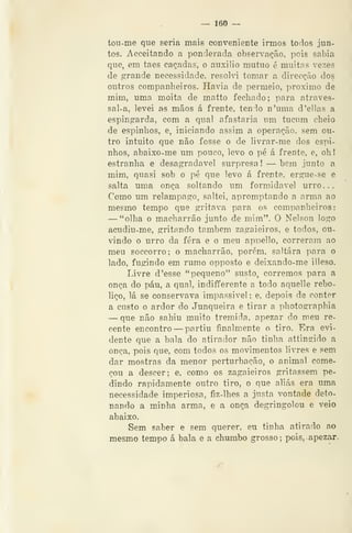 ^ 160 -^
tou-me que seria mais conveniente irmos todos jun-
tos. Acceitando a ponderada observação, pois sabia
que, em taes caçadas, o auxilio mutuo é muitas vezes
de fi^raude necessidade, resolvi tomar a direcção dos
outros companheiros. Havia de permeio, próximo de
mim, uma moita de matto fechado; para atraves-
sal-a, levei as mãos á frente, ten:ío n'uma d'e]las a
espingarda, com a qual afastaria um tucum cheio
de espinhos, e, iniciando assim a operação, sem ou-
tro intuito que não fosse o de livrar-me dos espi-
nhos, abaixo-me um pouco, levo o pé á frente, e, oh!
estranha e desagradável surpresa ! — bem junto a
mim, quasi sob o pé que levo á frente, ergue-se e
salta uma onça soltando um formidável urro...
Como um relâmpago, saltei, apromptando a arma ao
mesmo tempo que gritava para os companheiros:
— "olha o macharrão junto de mim". O Nelson logo
acudiu-me, gritando também zagaieiros, e todos, ou-
vindo o urro da fera e o meu apiDclIo, correram ao
meu soccorro; o macharrão, porém, saltara para o
lado, fugindo em rumo opposto e deixando-me illeso.
Livre d'esse "pequeno" susto, corremos para a
onça do páu, a qual, indifferente a todo aquelle rebo-
liço, lá se conservava impassivel ; e, depois de conter
a custo o ardor do Junqueira e tirar a photographia
— que não sahiu muito tremida, apezar do meu re-
cente encontro —partiu finalmente o tiro. Era evi-
dente que a bala do atirador não tinha attingido a
onça, pois que, com todos os movimentos livres e sem
dar mostras da menor perturbação, o animal come-
çou a descer; e, como os zagaieiros gritassem pe-
dindo rapidamente outro tiro, o que aliás era uma
necessidade imperiosa, fiz-lhes a justa vontade deto-
nando a minha arma, e a onça degringolou e veio
abaixo.
Sem saber e sem querer, eu tinha atirado ao
mesmo tempo á bala e a chumbo grosso; poiSj- apezar^
 