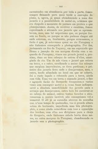 — 168 —
encontrados em. abundância por toda a parte, fomos
sempre deixando para mais tarde a execução do
plano, e, agora, já quasi abandonando a zona dos
jacarés e a possibilidade de matal-os, achámos que
era chegado o momento de pormos em pratica o que
planejáramos. Assim, de revólver e carabina, fomos
espreitando e atirando nos jacarés que se apresen-
tavam, mas, com tal caiporismo que, ou porque fos-
sem ao fundo, ou porque se não pudesse chegar até
onde estavam, ou, finalmente, porque errássemos, o
facto é que, já estávamos quasi no rio Paraguay e
não tínhamos conseguido a photographia. Por fim,
justamente na foz do Taquary, em um espraiado que
forma a juncção da sua margem direita com a es-
querda do Paraguay, vimos um grande jacaré e, pró-
ximo, duas ou três cabeças de outros d'elles, emer-
gindo do rio. Um de nós visou o jacaré que estava
em terra, e o outro, escolhendo a maior das cabeças
que surgiam imprudentes, os tiros partiram; o pri-
meiro dos jacarés ficou onde o desejávamos, mas, o
outro, tendo afundado no local em que se achava,
foi a custo laçado e rebocado para a terra, ainda
com vida. Uma vez em terra o segundo jacaré, o fino
e aguçado facão do Bernardo traspassou-o varias
vezes sem conseguir matal-o e, como fosse indispen-
sável a absoluta immobilidade dos jacarés para o
arranjo que desejávamos, outra bala foi eucravar-se
na cabeça do animal, outras tantas facadas o atra-
vessaram e, parece incrível, não conseguimos vel-o
immovel. O sói já se escondia atravez da muralha
que, n'esse tempo de queimadas, vae á grande altura
acima do horizonte, impedindo uma boa photogra-
phia, e como ainda coincidisse com isso a apparição
das lanchas, com ellas nos dirigimos para a choça
do Gregório, onde tínhamos estado havia dous me-
zes, na outra margem do Paraguay, abandonando os
jacarés sem a photographia.
 