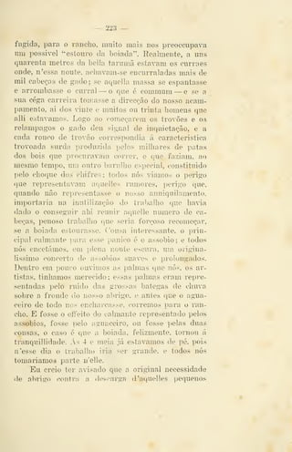 — 223 —
fugida, para o rancho, muito mais nos preoccupava
um possivel "estouro da boiada". Realmente, a uns
quarenta metros da beila tarumã estavam os curraes
onde, n'essa noute, aebavam-se encurraladas mais de
mil cabeças de gado; se aquella massa se espantasse
e arrombasse o curral — o que é commum —e se a
sua cega carreira tomasse a direcção do nosso acam-
pamento, ai dos vinte e muitos ou trinta homens que
alli estávamos. Logo ao começarem os trovões e os
relâmpagos o gado deu signal de inquietação, e a
cada ronco de trovão correspondia á característica
trovoada surda jDroduzida pelos milhares de patas
dos bois que procuravam correr, e que faziam, ao
mesmo tempo, um outro barulho especial, constituído
pelo choque dos chifres; todos nós viamos o ])erigo
que representavam aquelles rumores, perigo que,
quando não representasse o nosso anniquilamento,
importaria na inutilização do trabalho que ha^àa
dado o conseguir ahi reunir aquelle numero de ca-
beças, penoso traballio que seria forçoso recomeçar,
se a boiada estourasse. Cousa interessante, o prin-
cipal calmante ])ara esse pânico é o assobio; e todos
nós encetámos, em i)lena noute escura, um origina-
lissimo concerto de assobios suaves e prolongados.
Dentro em pouco ouvimos as palmas cjue nós, os ar-
tistas, tínhamos merecido; essas palmas eram repre-
sentadas pelo ruido das grossas bátegas de chuva
sobre a fronde do nosso abrigo, e antes que o agua-
ceiro de todo nos encharcasse, corremos para o ran-
cho. E fosse o effeito do calmante representado pelos
assobios, fosse pelo aguaceiro, ou fosse pelas duas
cousas, o caso é que a boiada, felizmente, tornou á
tranquillidade. As 4 e meia já estávamos de pé. pois
u'esse dia o trabalho iria ser grande, e todos nós
tomaríamos parte n'elie.
Eu creio ter avisado que a original necessidade
de abrigo (>on1r;i a descarga d 'aquelles pequenos
 
