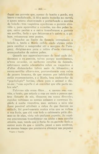 — 225 —
fugar um garrote que, apezar de bonito e gordo, era
bravo e endiabrado, já dera muito trabalho no curral,
e agora estava aborrecendo e perturbando a marcha
da boiada : três vaqueiros apartaram o garrote atre-
vido e, para aproveitar a occasião, um dos peães la-
çou, outro pealou e o outro transformou o garrote
em novilho, findo o que deixaram-n'o quieto e, a ga-
lope, retomaram seus postos.
Chegados ao limite da fazenda entregámos a
boiada e, tendo o Mário cedido ainda alguns peães
para auxiliar o comprador até a margem do Para-
guay, dirigimo-nos para o retiro d 'onde viéramos,
acompanhados de outros peães.
Quando nos approximavamos do local onde dei-
xáramos o ex-garrote, talvez porque montássemos,
n'essa occasião, os melhores cavallos da fazenda,
estávamos muito adeantados sobre os vaqueiros e
d'elles distanciados talvez mais de kilometro; o
recem-novilho olhava-nos, provavelmente com raiva
do género humano, de que éramos por infelicidade
então representantes, e o Mário, bem conhecedor da
"psychologia^^ bovina, olhou para o animal e dis-
se-me: "com aquelle é só convidar que elle parte so-
bre nós".
Palavras não eram ditas. . . e, mesmo sem con-
vite, o bruto, que estaria a cem ou cento e poucos me-
tros distante de nós, disparou em nossa direcção;
rápidos voltámos os nossos animaes e corremos fu-
gindo á sanha vingativa, mas. embora a mira não
fosse possível attribuir a culpa do que fizeram ao
coitado, foi precisamente contra mim que se voltou
a sua fúria, que ahi com todo o cabimento pôde cha^
mar-se de cega, vista sob qualquer aspecto. As espo-
ras procuraram transformar em árabe o meu cavallo
crioulo, mas, vendo que a fúria do ex-garrote fazia-o
correr mais do que o cavallo, puxei o meu revólver,
ao mesmo tempo que procurava alcançar um pequeno
Viagens e Caçadas 'S
 