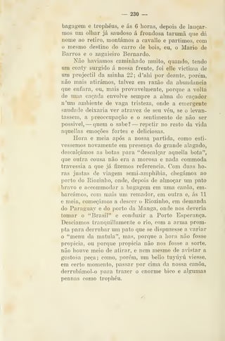 — 230 —
bagagem e trophéiis, e ás 6 horas, depois de lauçar-
mos um olhar já saudoso á frondosa tarumã que dá
nome ao retiro, montámos a cavallo e partimos, com
o mesmo destino do carro de bois, eu, o Mário de
Barros e o zagaieiro Bernardo.
Não havíamos caminhado muito, quando, tendo
um coaty surgido á nossa frente, foi elle victima de
um projéctil da minha 22; d'ahi por deante, porém,
não mais atirámos, talvez em razão da abundância
que enfara, ou, mais provavelmente, porque a volta
de uma caçada envolve sempre a alma do caçador
n'um ambiente de vaga tristeza, onde a emergente
saudade deixaria ver atravez de seu véu, se o levan-
tassem, a preoceupação e o sentimento de não ser
possível, — quem o sabei — repetir no resto da vida
aquellas emoções fortes e deliciosas.
Hora e meia após a nossa partida, como esti-
véssemos novamente em presença do grande alagado,
descalçámos as botas para "descalçar aquella bota",
que outra cousa não era a morosa e nada commoda
travessia a que já fizemos referencia. Com duas ho-
ras justas de viagem semi-amphibia, chegámos ao
porto do Eiozinho, onde, depois de almoçar um pato
bravo e accommodar a bagagem em uma canoa, em-
barcámos, com mais um remador, em outra e, ás 11
e meia, começámos a descer o Riozinho, em demanda
do Paraguay e do porto da Manga, onde nos deveria
tomar o "Brasil" e conduzir a Porto Esperança.
Descíamos tranquilamente o rio, com a arma prom-
pta para derrubar um pato que se dispuzesse a variar
o "menu da matula", mas, porque a hora não fosse
propicia, ou porque propicia não nos fosse a sorte,
não houve meio de atirar, e nem mesmo de avistar a
gostosa peça; como, porém, um bello tuyúyú viesse,
em certo momento, passar por cima da nossa canoa,
derrubámol-o para trazer o enorme bico e algumas
pennas como trophéu.
 