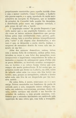 _- 23 —
propriamente construídas para aquelle tórrido clima
e sem o menor conforto. Como Corumbá, o Ladario
não possue esgoto, e a agua, apanhada do modo mais
primitivo na margem do Paraguay, que se incumbe
de arrastar de Corumbá tudo quanto lhe despejam,
é distribuída pelas casas em originaes carroças, e
pelo preço de mil réis o barril.
A "população canina" da pacata freguezia é por
certo maior que a sua população humana; mas não
são esses os únicos animaes domésticos que peram-
bulam pelas suas accidentadas ruas; porcos, galli-
nhas, cabras, bois e cavallos pascem tranquillamente
pela "urbs" e ahi elegem seus dormitórios; e não
raro é que, se deixardes a porta aberta, tenhaes a
surpresa de encontrar dentro da vossa sala um ju-
mento ou um boi . .
Além dos animaes domésticos, outros, talvez
com a mesma falta de ceremonia, andam pelas ruas,
invadem as casas e, sem falar dos mosquitos, esses
inseparáveis e importunos companheiros de todos os
instantes e capazes de enlouquecer quem d'elles não
se possa defender, as terríveis aranhas caranguejei-
ras, os lacraus e as cobras fazem ãsitas que nem
sempre são muito protocollares. E foi assim que, na
primeira noute que dormi no Ladario, em rede, cahiu
do telhado sobre mim (as casas não têm tecto) um
lacrau; mas, graças ao mosquiteiro, cahindo o lacrau
sobre este, não tive de ser despertado por tão inci-
siva caricia. .
De outra feita, á noute, estávamos eu e o meu
amigo Nelson encostados aos humbraes da porta de
entrada para a sala, emquanto outros collegas, sen-
tados em cadeiras, conversavam, próximo, dentro da
sala; súbito ouvimos um alarido e um barulho de
arrastar de cadeiras e, com grande surpresa, veri-
ficámos que o estranho movimento era motivado pela
apparição de uma cobra que, com toda a tranquilli-
 