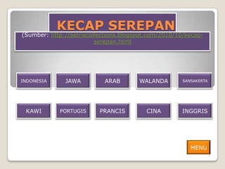 KECAP SEREPAN
(Sumber: http://astriecollections.blogspot.com/2010/10/kecap-
                         serepan.html




INDONESIA     JAWA         ARAB        WALANDA        SANSAKERTA




 KAWI       PORTUGIS      PRANCIS        CINA        INGGRIS




                                                         MENU
 
