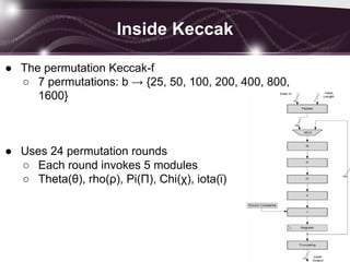 Inside Keccak
● The permutation Keccak-f
○ 7 permutations: b → {25, 50, 100, 200, 400, 800,
1600}
● Uses 24 permutation rounds
○ Each round invokes 5 modules
○ Theta(θ), rho(ρ), Pi(Π), Chi(χ), iota(ϊ)
 