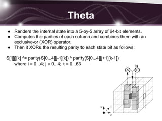 Theta
● Renders the internal state into a 5-by-5 array of 64-bit elements.
● Computes the parities of each column and combines them with an
exclusive-or (XOR) operator.
● Then it XORs the resulting parity to each state bit as follows:
S[i][j][k] ^= parity(S[0...4][j-1][k]) ^ parity(S[0...4][j+1][k-1])
where i = 0...4; j = 0...4; k = 0...63
 