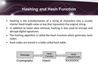 Hashing and Hash Function
• Hashing is the transformation of a string of characters into a usually
shorter fixed-length value or key that represents the original string.
• In addition to faster data retrieval, hashing is also used to encrypt and
decrypt digital signatures.
• The hashing algorithm is called the Hash Function which generates hash
codes.
• Hash codes are stored in a table called hash table.
 
